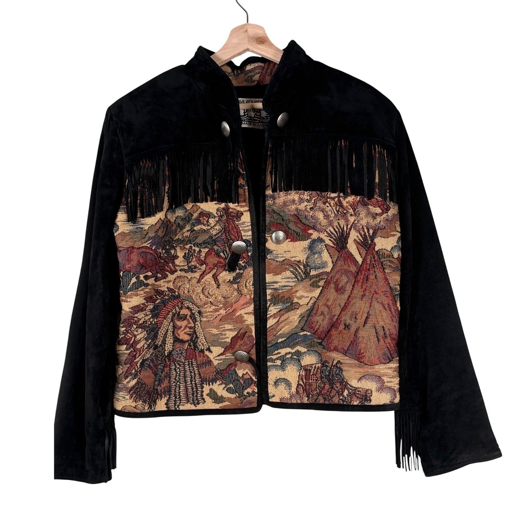 Black Suede Fringe Western Tapestry Jacket